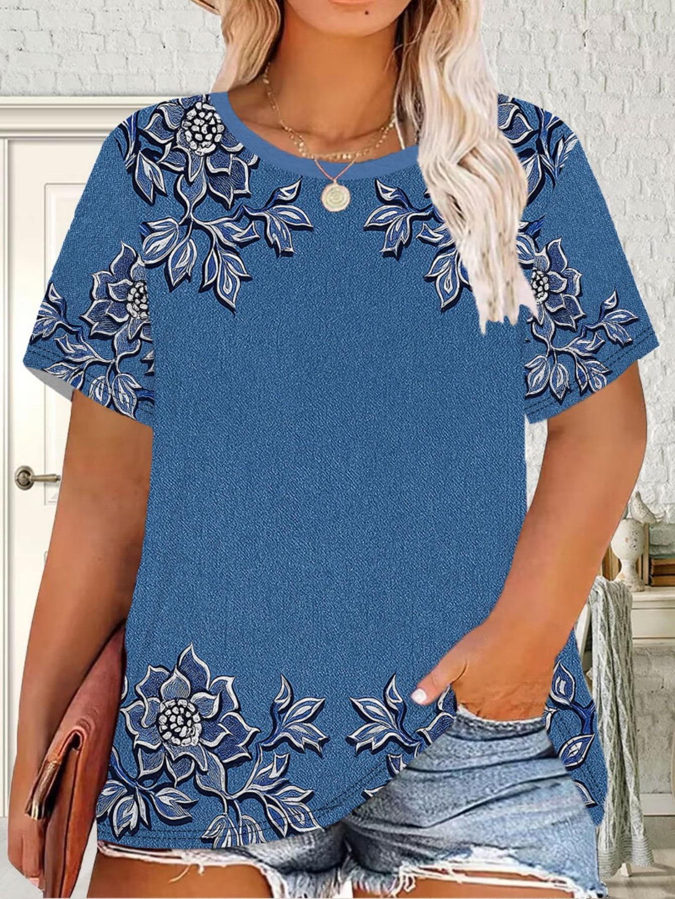 Plus Size. [Print Design- No Texture] Exclusive for American Plus Size Women!Blue Floral Print Women s Summer T-Shirt. Casual Bohemian Style. Suitable M