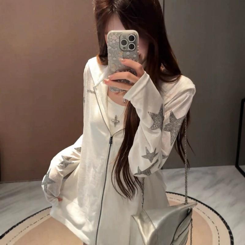 Giacca da Donna Oversize con Cappuccio e Decorazioni di Strass a Stella 3D, Leggera, Manica Lunga, Top da Esterno