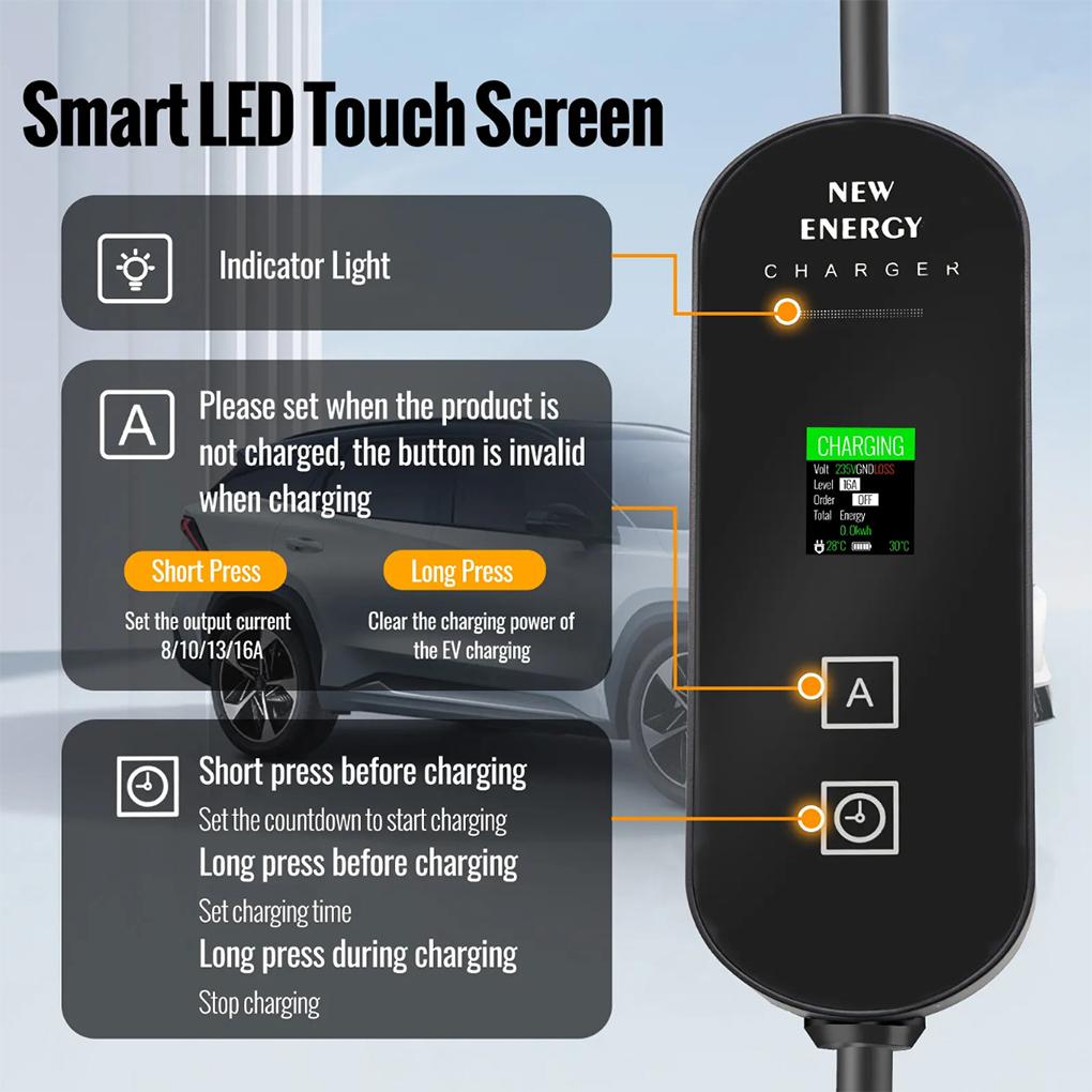 Portable 7KW 32A Type 2 EV Charger 5M/10M Single Phase CEE 3PIN EU Plug LCD Color Screen Car Electric Charger Car Accessories