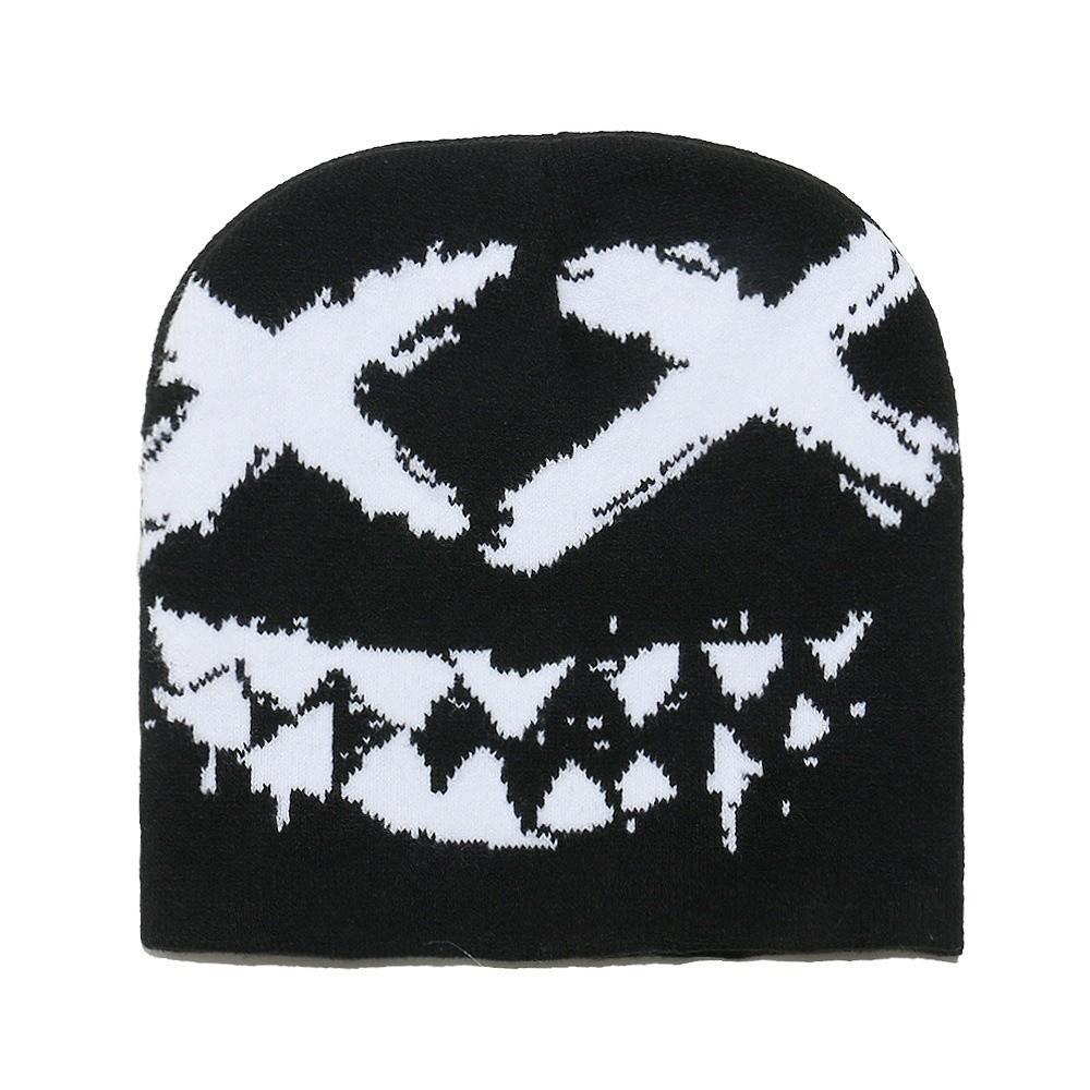 Halloween Y2K Knitted Hat Streetwear Black White Pullover Cap Jacquard Woolen Hat  Outdoor