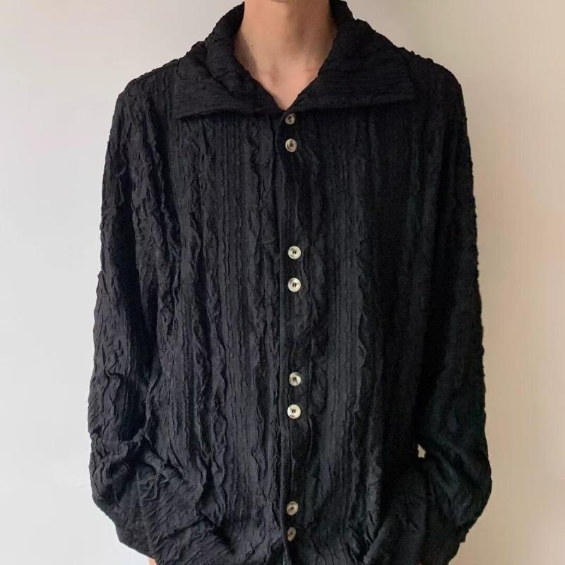 Men's French Style Vintage Pleated High Collar Button Up Shirt Spring Autumn Harajuku Solid Long Sleeve Loose