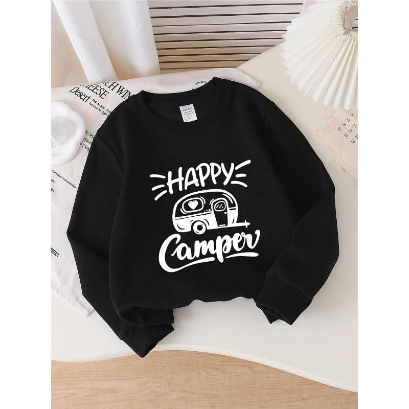 European sizes Kids' Happy Camper Trailer & Camping Print Hoodie - Soft Round-Neck Pullover, Spring/Fall Outdoor Wear for Little Kids, Casual Playwear
