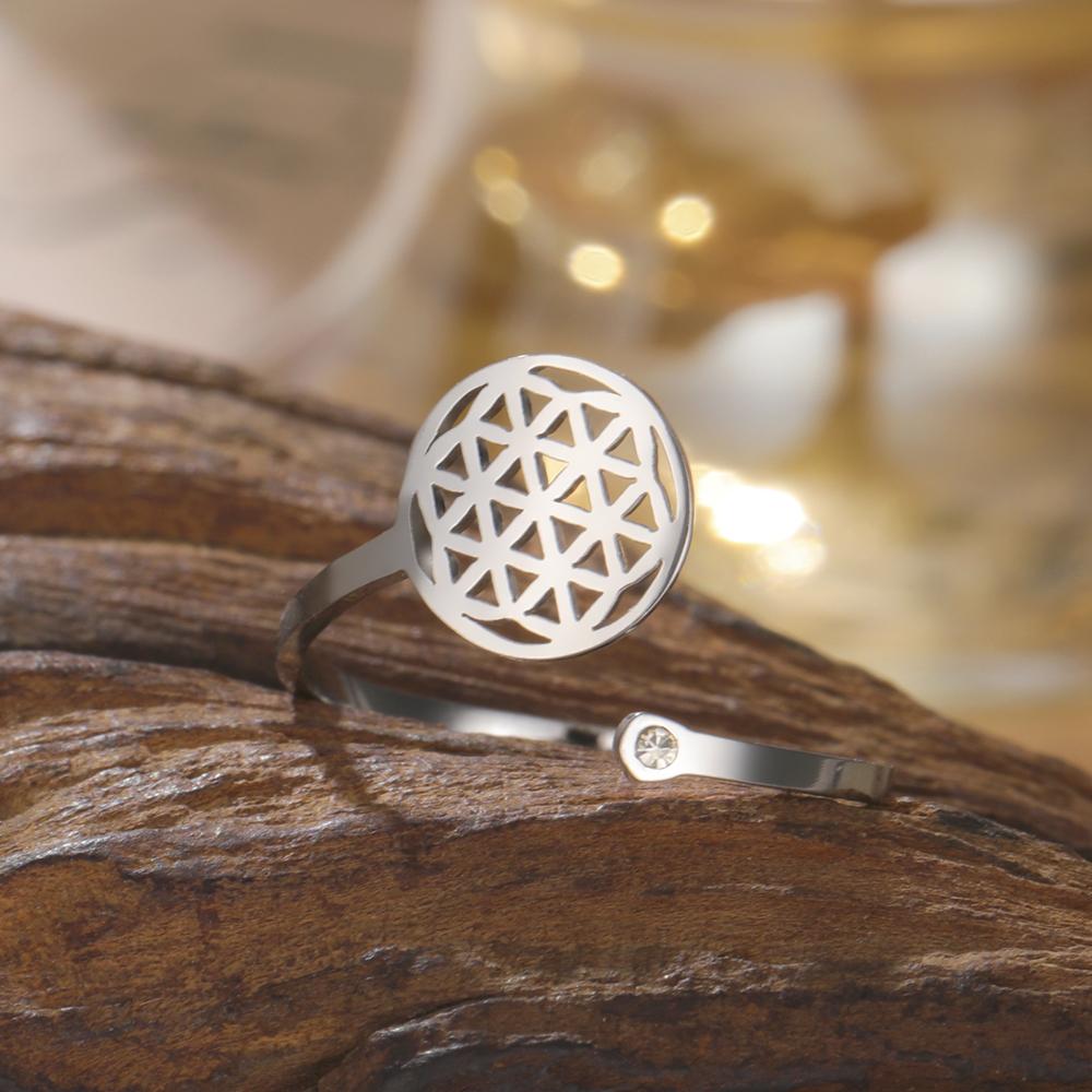 Dawapara Flower of Life Cutout Women Adjustable Ring Mandala Sacred Geometry Yoga Kabbalah Jewelry Stainless Steel