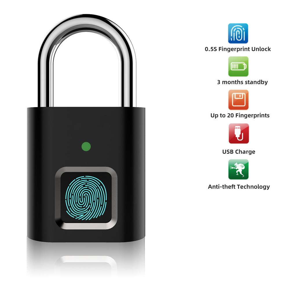 Fingerprint Padlock Biometric Metal Keyless Thumbprint Lock USB Rechargeable For Luggage Bookcase Suitcase Backpack Bike black#0