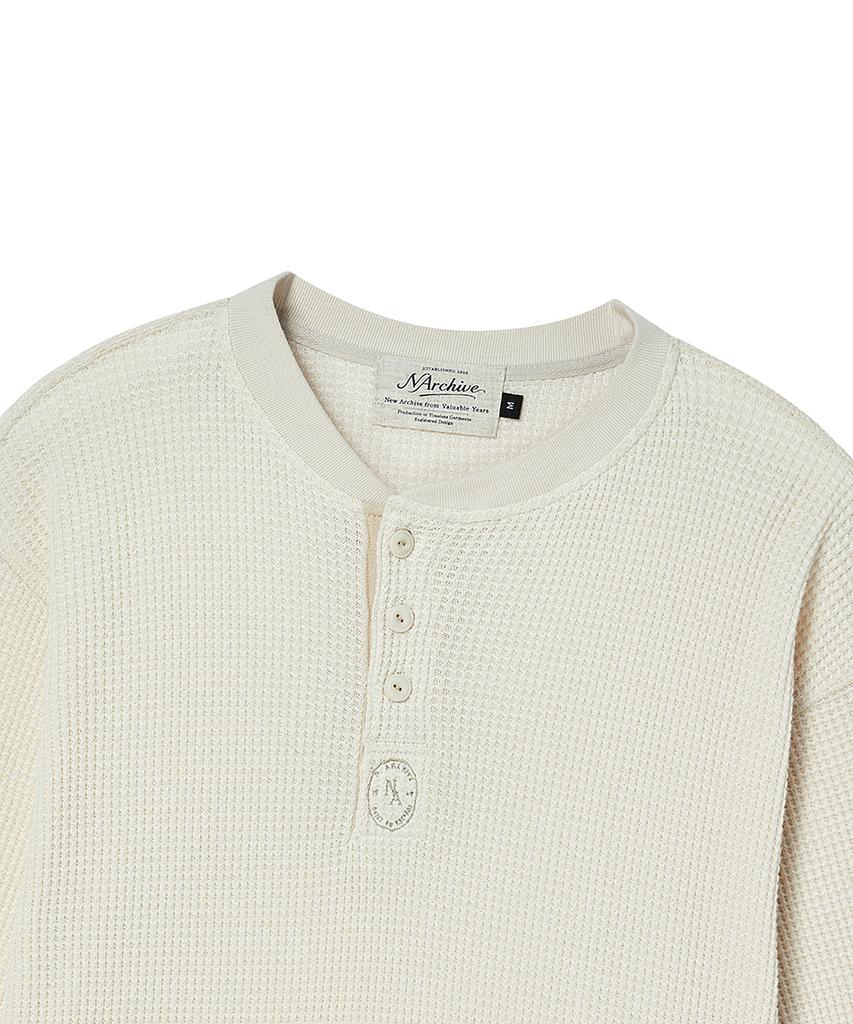 BEYOND CLOSET [Collection Line] Washed Cotton Waffle Henley Neck T-Shirt Ivory