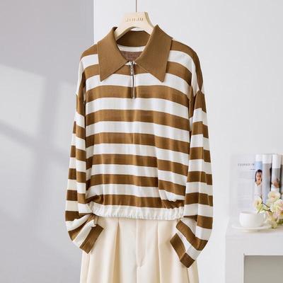 Jinjv Women's Wool Blend Contrast Stripe Half-Zip Polo Knit Top - 2026 Spring