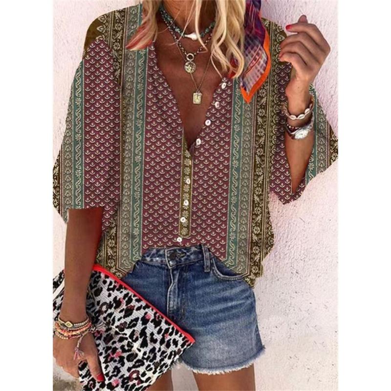 Summer Fashion Stand Up Collar Loose Button Retro Printed Casual Seven Inch Sleeves Women's Blouses & Shirts