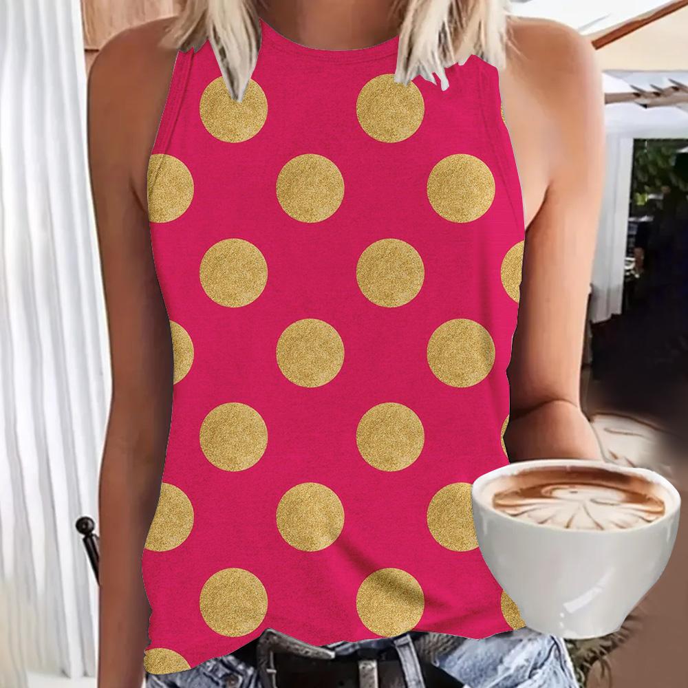 Women's 3D polka dot printed sleeveless T-shirt, round neck off shoulder retro casual vest, Y2K sleeveless top, T-shirt, women's clothing