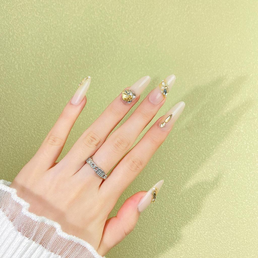 Luxurious French Gold & Diamond Press-On Nails: Elegant High-End Skin-Whitening Style, Trending Manicure Fashion