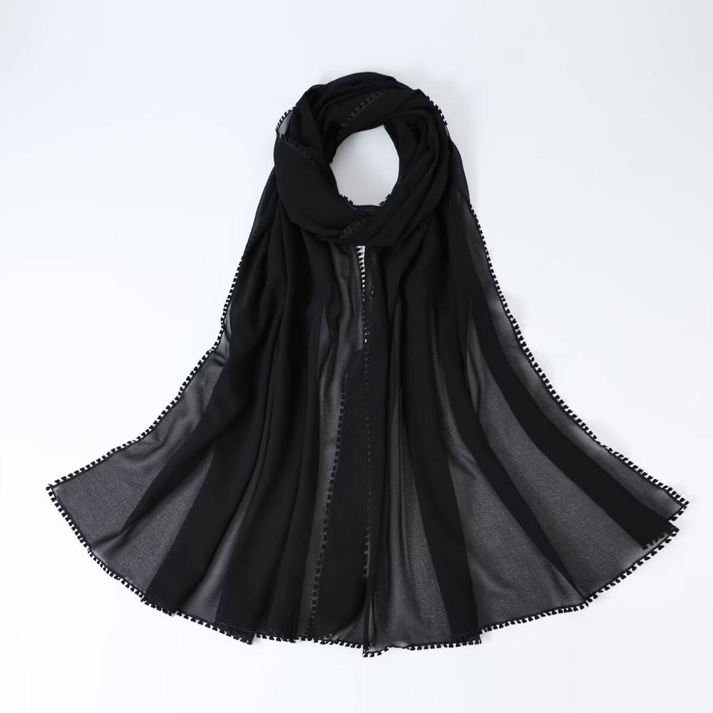 Supply Solid Color Silk Scarf Women's Island Silk Edge Lace Long Scarf Bright Silk Ethnic Scarf Malaysian Headscarf
