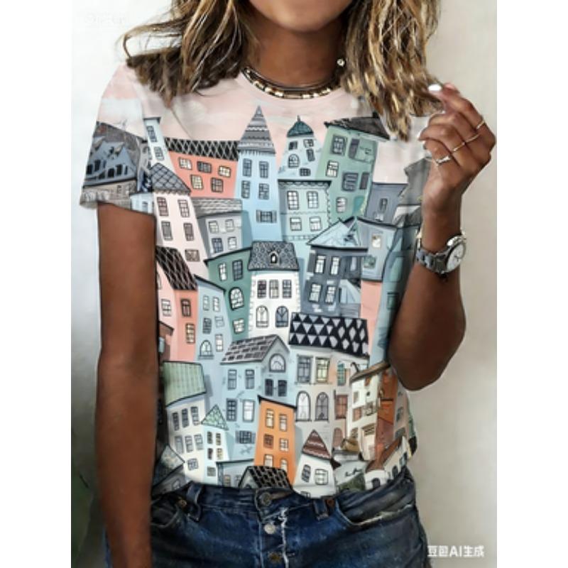 Women's Casual Short-Sleeve T-Shirt - Colorful Fun House Print Garden Collar Top
