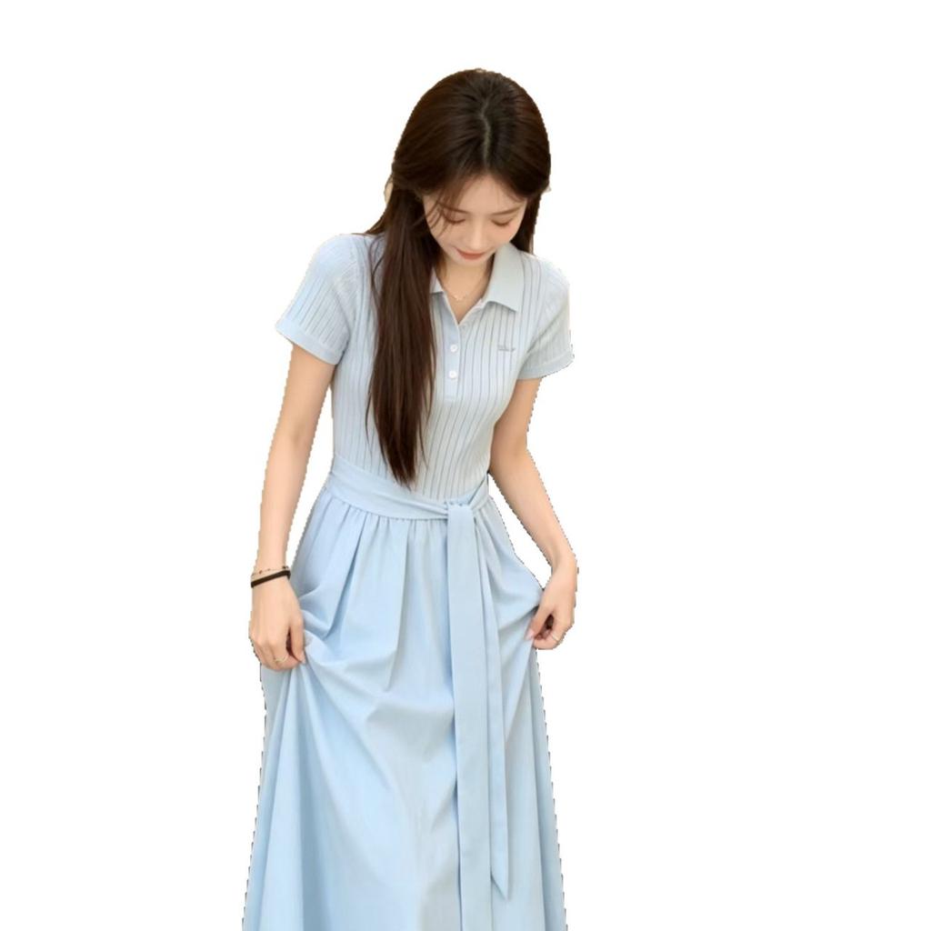 French blue polo collar dress children's summer new small man huge good-looking temperament waist dress
