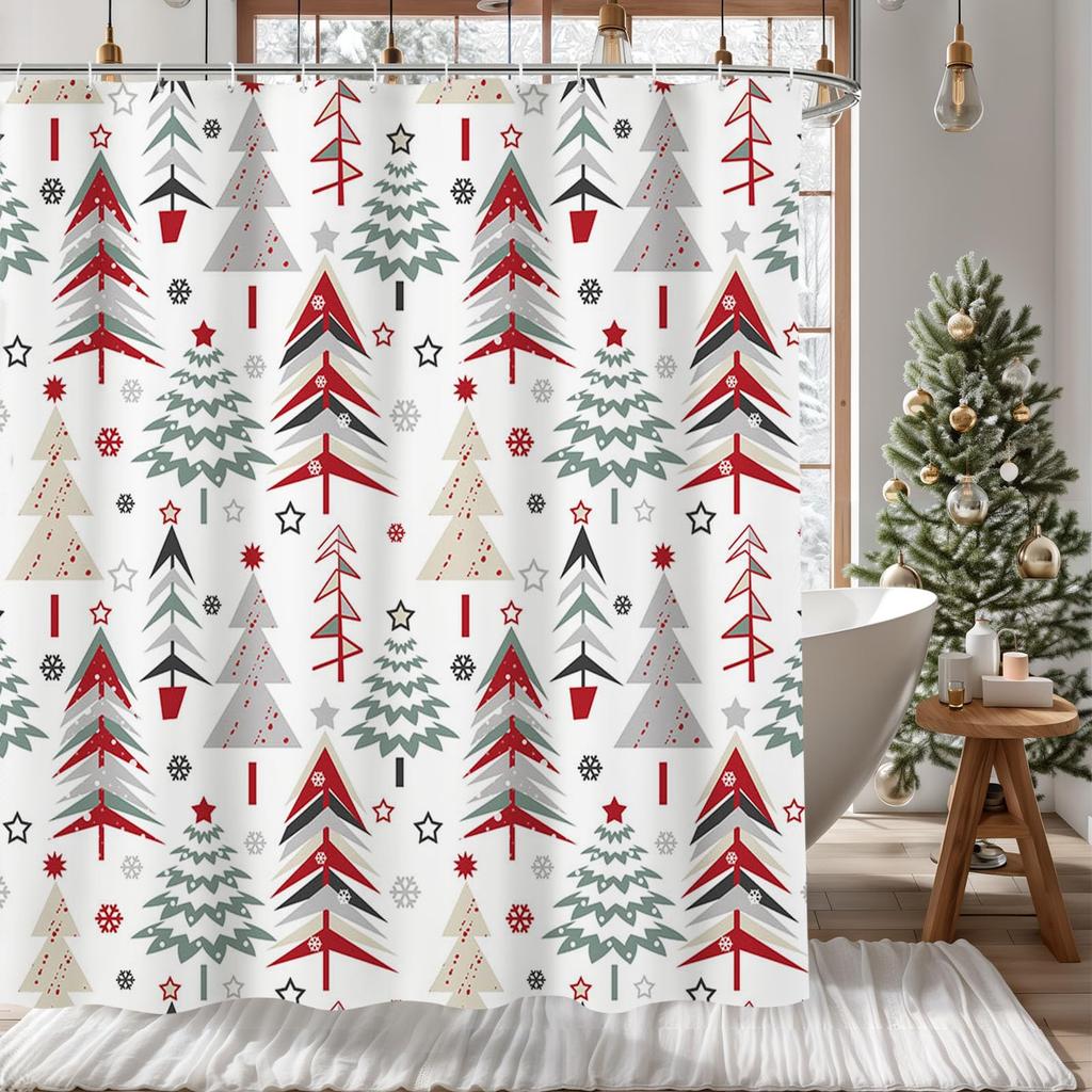 Christmas Shower Curtain Winter Snowy Landscape Forest Shower Curtain Xmas Pine Tree Bath Curtain with Hooks Home Bathroom Decor