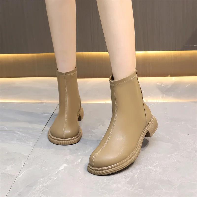 Fashion Round Toe Mid Heel Short Boots for Women Shoes Autumn/winter with/Without Plush Rear Zipper Soft Sole Slim Boot Zapatos Mujer