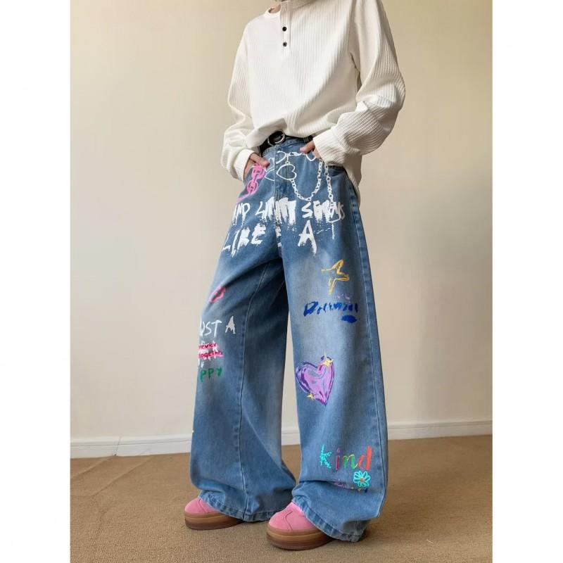 Pantalon en jean taille haute large pour femme avec imprimé graffiti coupe ample pantalon court décontracté streetwear