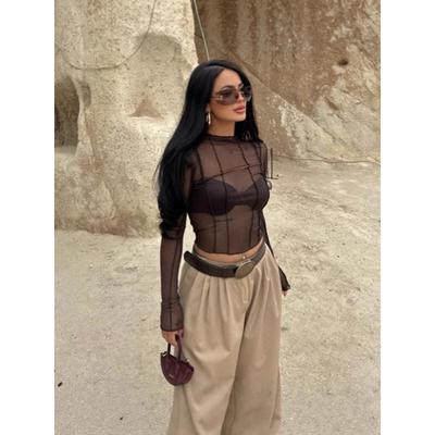 European Style Women's Sexy Round Neck Long Sleeve Mesh See-Through Cropped Top, 2026 Collection.