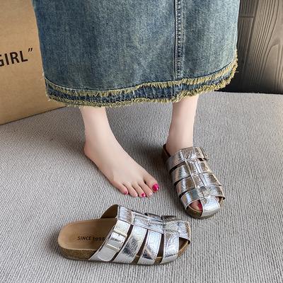 Office Slippers Women Wear Slip-on Summer New Baotou Black Silver Women Semi-drag Casual Sandals Women's Shoes Zapatos Mujer