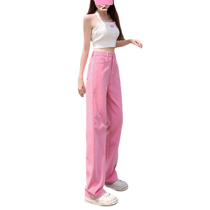 Women's Pink High-Waisted Wide-Leg Jeans: Summer Thin, Loose Fit, Plus Size, Slimming, Floor-Length Straight Pants