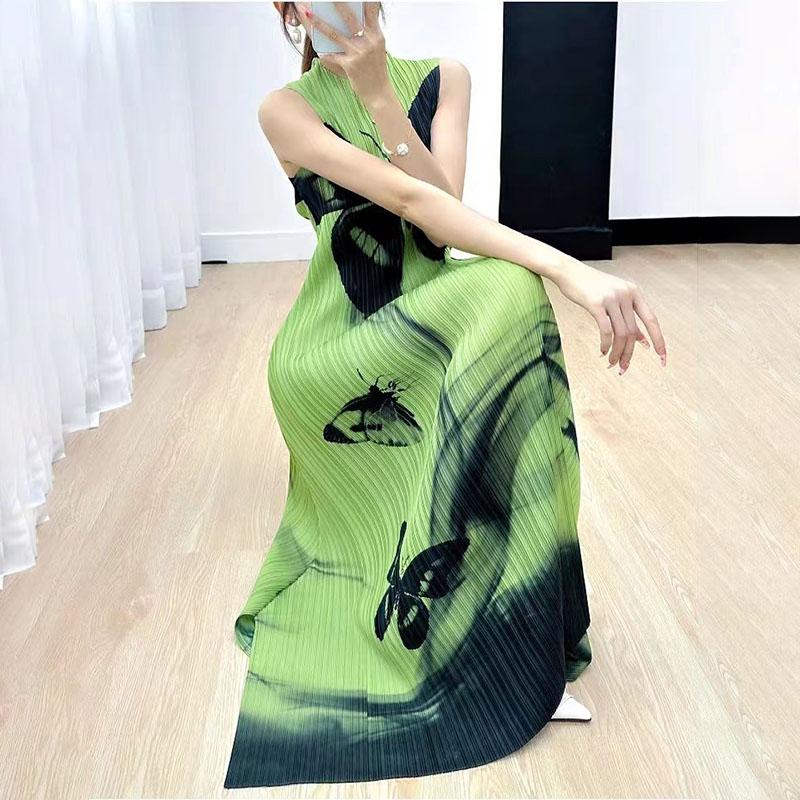 High-End-Sommerkleid für Damen mit Schmetterlingsdruck, schmale Passform, ärmelloses Westenkleid mit V-Ausschnitt, plissiertes langes A-Linien-Kleid