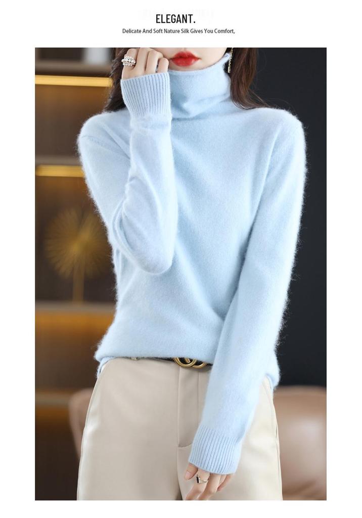 Women's Cashmere High Neck Sweater, Loose Fit, Short Mink Velvet Knit, Base Layer Wool Pullover for Autumn and Winter.