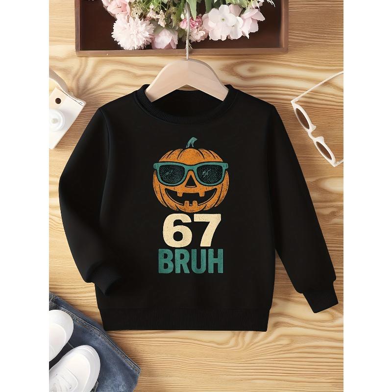 Kids Unisex Crewneck Sweatshirt, Retro Cool Pumpkin Sunglasses 67 BRUH Halloween Print Long Sleeve Pullover, Soft Sweatshirts for Boys Girls Ages 4+