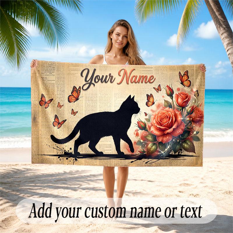 Cat Theme Soft Beach Towel Personalized Custom Name Text Towel Portable for Beach Pool Travel