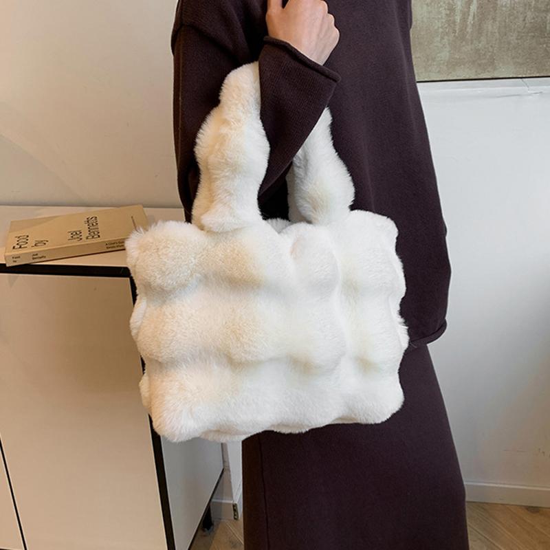 Dames Pluizige Schoudertassen Winter Top-Handvat Handtas Pluche Tote Bag Effen Kleur Commuter Veelzijdige Handtas CLE