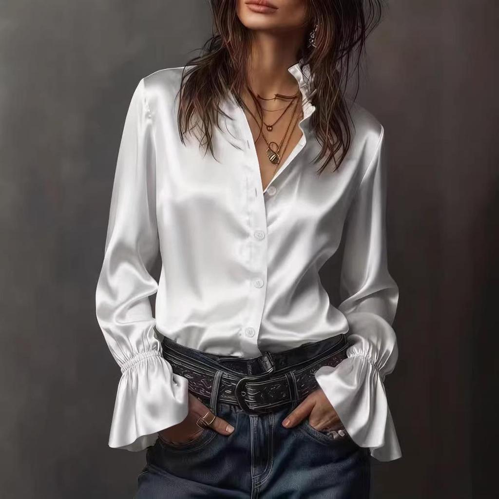 Elegant Women's Long Sleeve Silk Satin Shirt