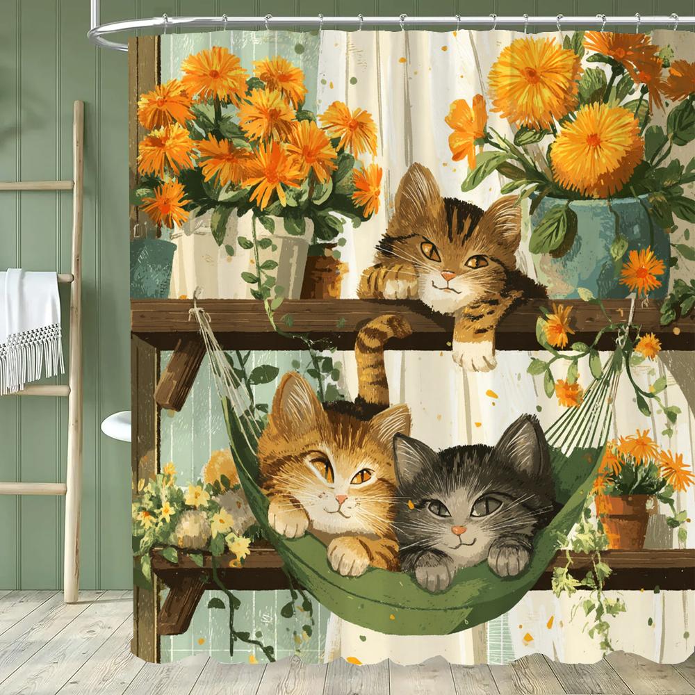 Modern Plant and Cartoon Cute Cat Shower Curtain, Bathroom Decorative Shower Curtain, Printed Polyester Home Curtain with Hooks