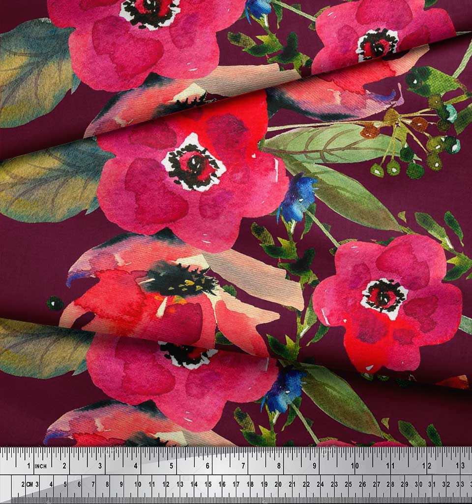 Soimoi Japan Crepe Satin Fabric Leaves & Poppy Flower Print Sewing Fabric Metre 42 Inch