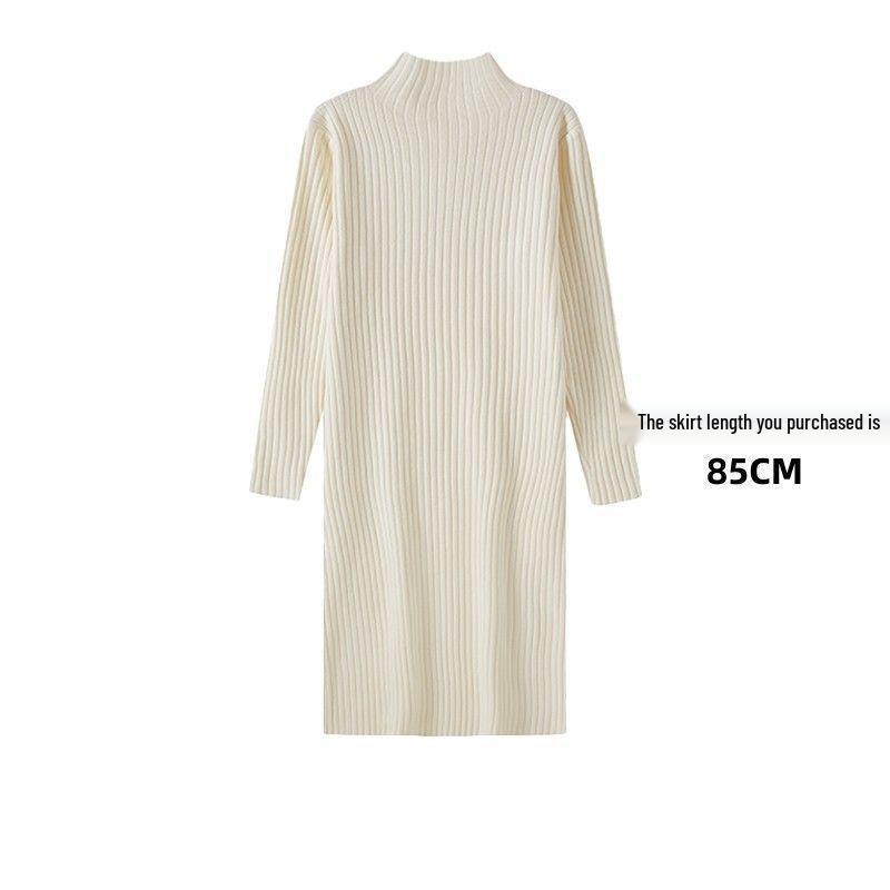 Women's Mid-Length Wool Knit Dress - Loose, Long Sleeve, Half-High Collar, Perfect for Layering Under Coats, Autumn & Winter Wear.