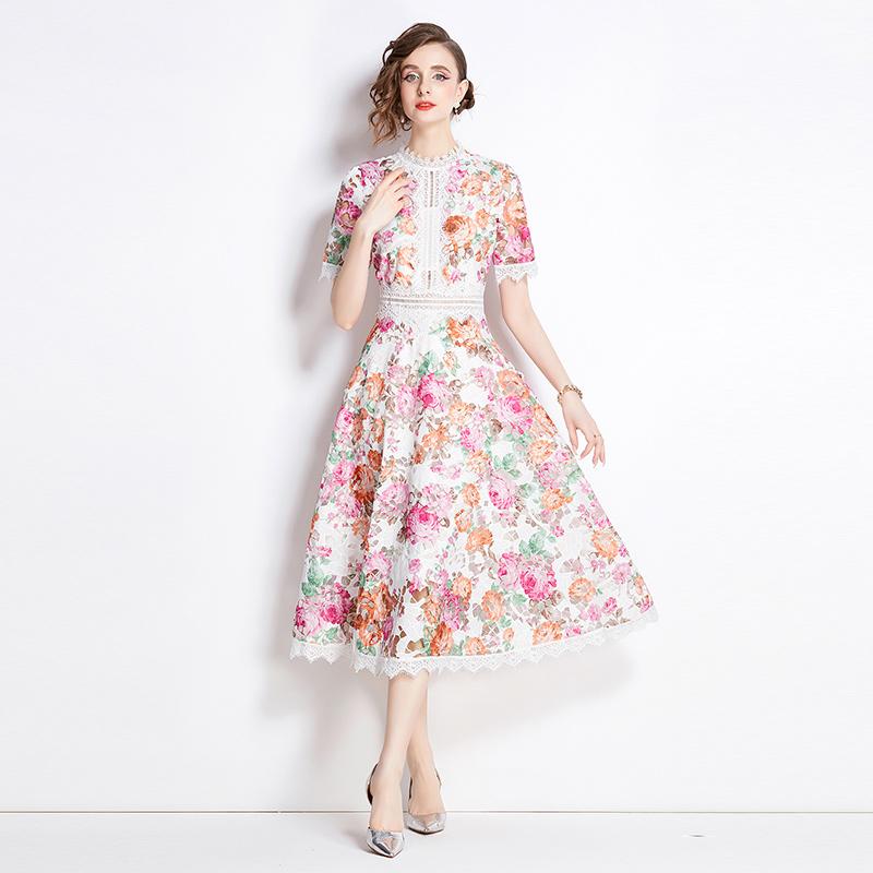Elegant Floral Print Lace Summer Dress for Women High Quality Hollow Out Short Sleeve Slim Party Dress Robes Femme