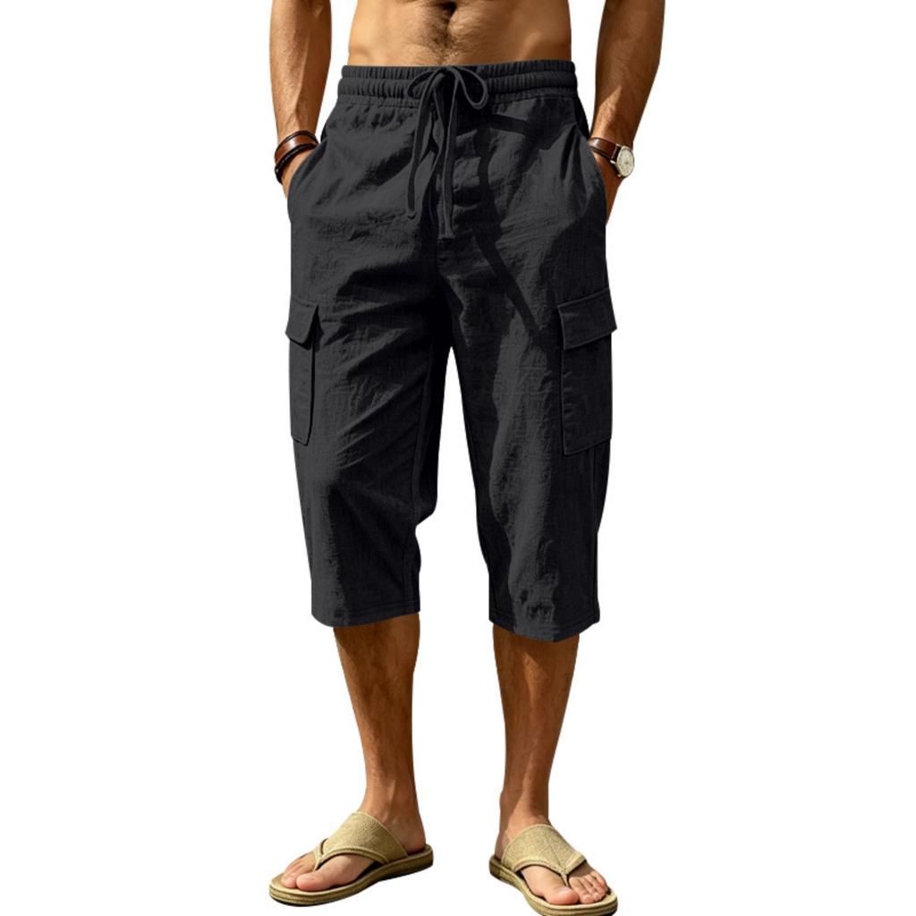 Men Linen Casual Outdoor Cargo Seven Shorts Multi Pocket Loose Fit Lightweight Drawstring Waist