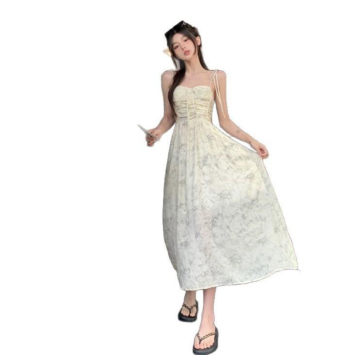 New Chinese Ink Painting Floral Suspender Dress for Women's Summer New Pleated Waist Temperament Beach Vacation Dress