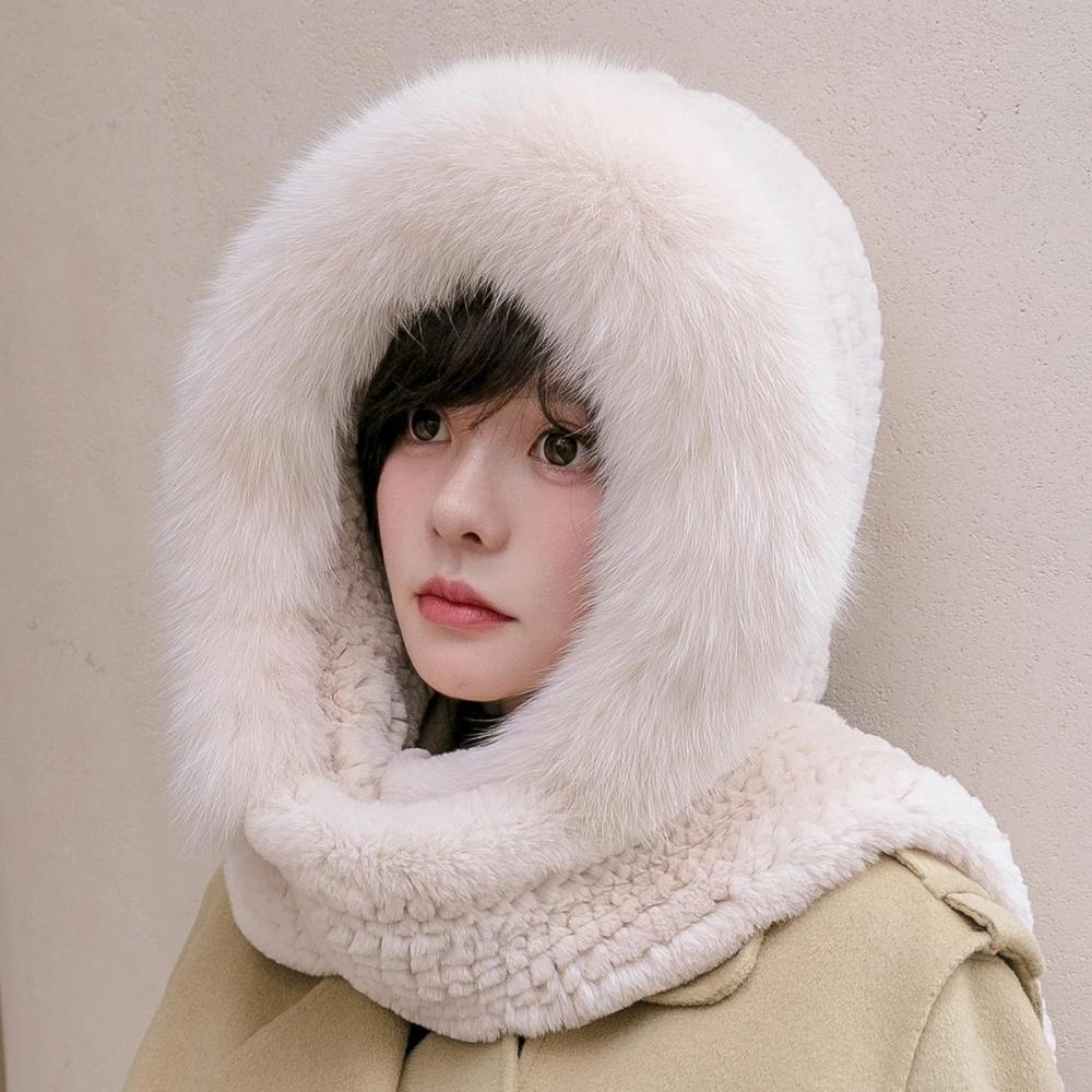 Thick real fox fur scarf cap Luxury women's cap hand knitted real rex rabbit fur hat scarf Girls winter warmth outdoor ski cap