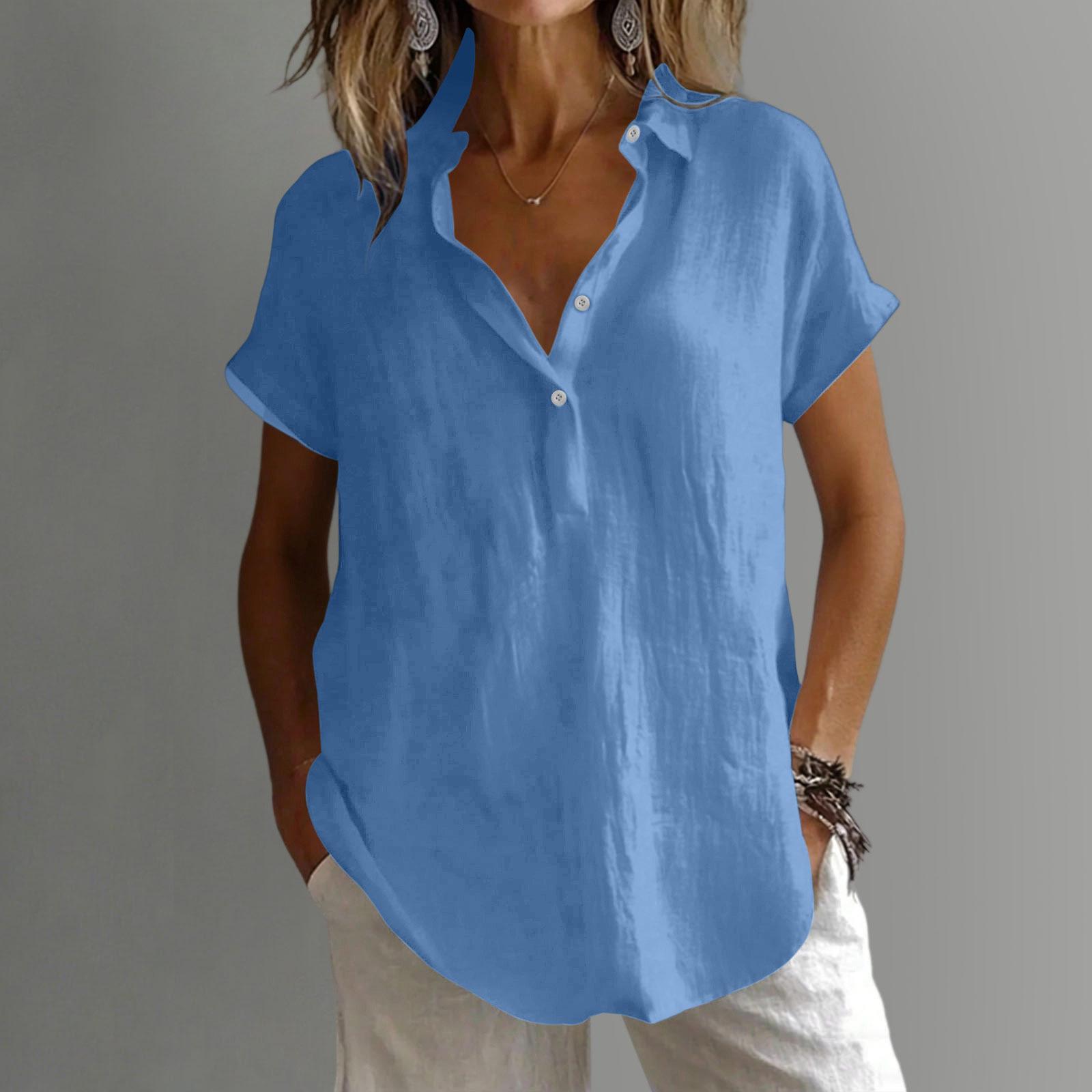 

Women s Loose-Fit -Color Cotton-Linen Shirt: Casual Short-Sleeve Top XL небо синє кольору