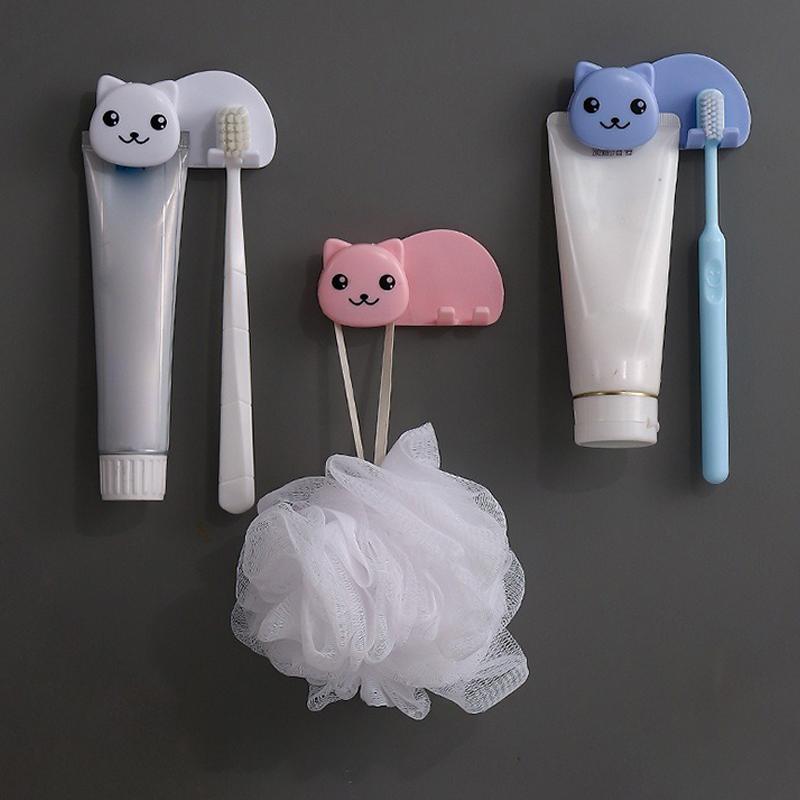 Plastic Cat Shaped Toothbrush Holder Non Perforated 2 In 1 Toothbrush Toothpaste Rack Wall Mounted Facial Cleanser Storage Clip