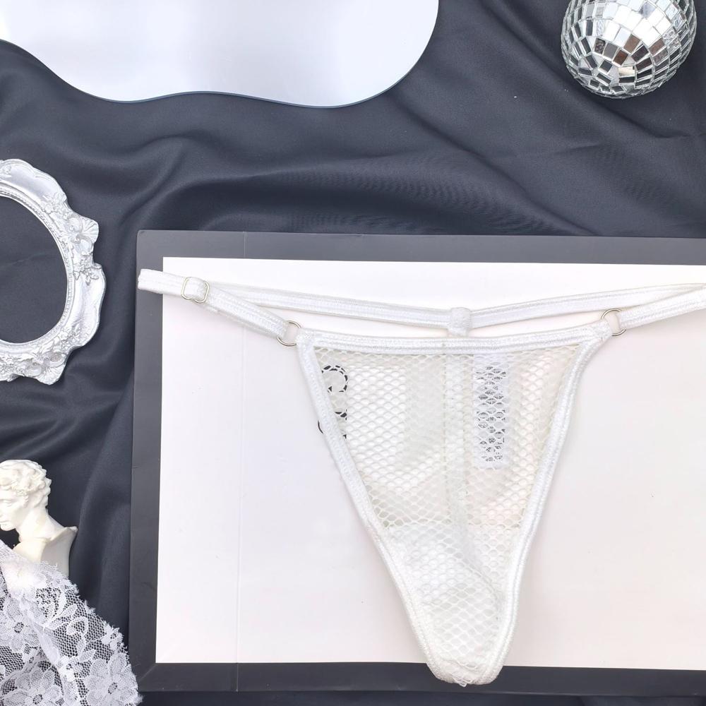 Women Sexy See Through Thong Fine Mesh Panties Open Buttocks G String Underpants Low Waist Adjustable Belt See-Through Lingeri