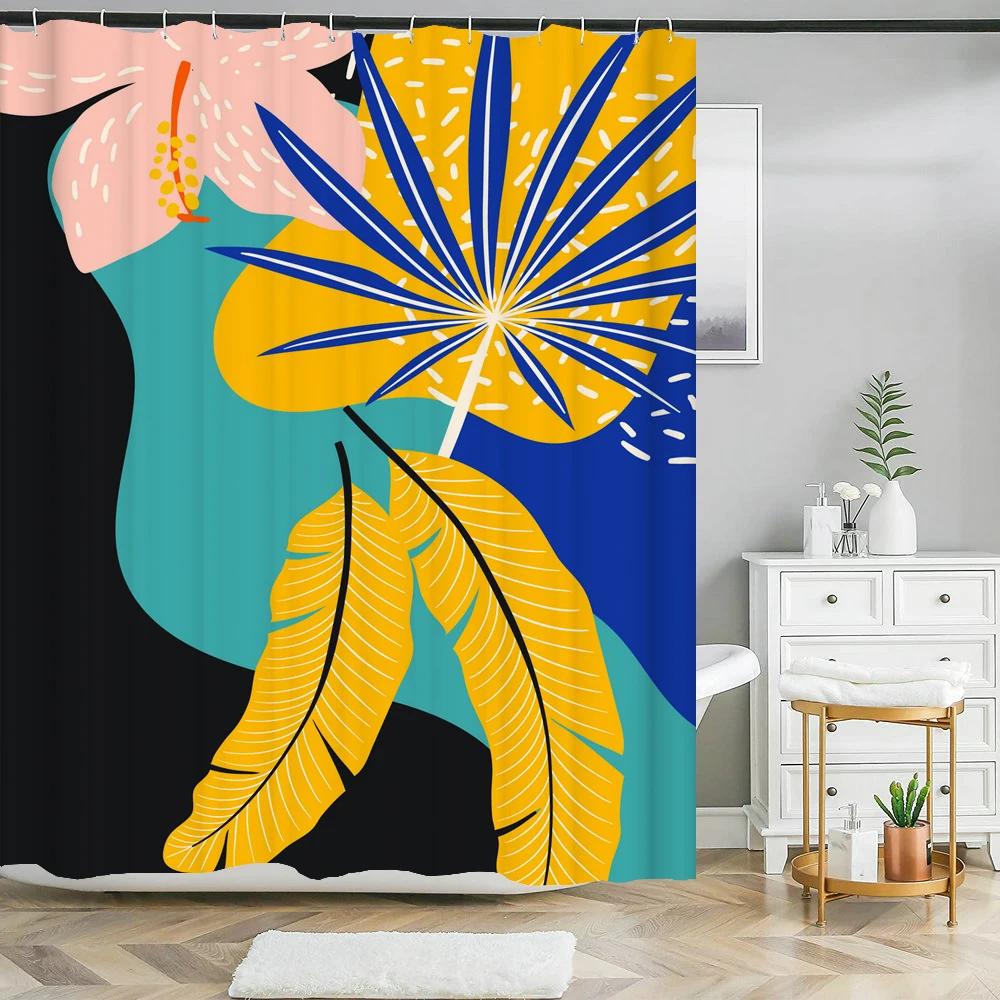 Nordic style Abstract Art leaves Print Shower Curtain Waterproof Polyester Bath Curtain Color Block Curtains For Bathroom Decor