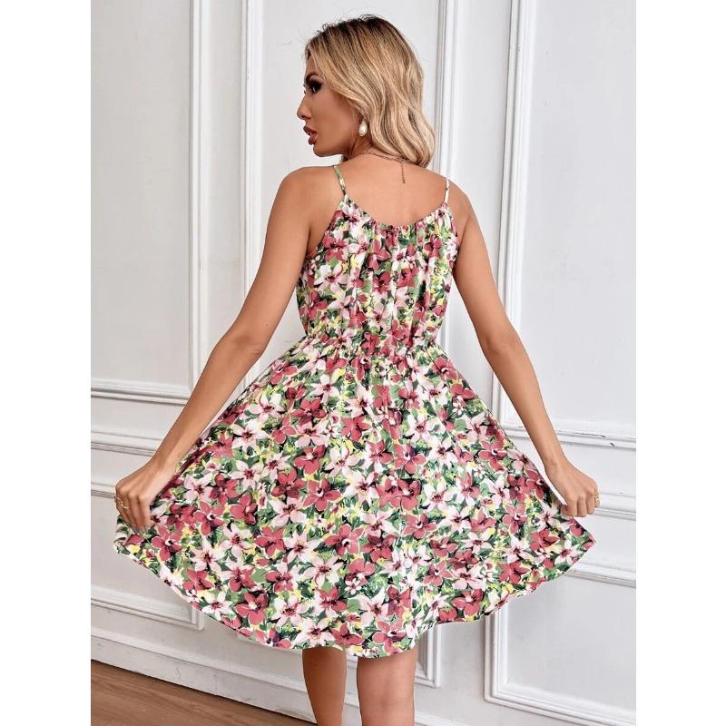 VEZFAA Dámská móda Léto Jaro Květinový potisk Podvazky bez rukávů Ležérní šaty s vysokým pasem