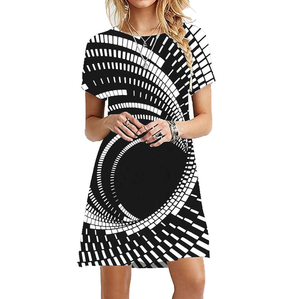 Women Fashion Optical Illusion Dresses Summer Short Sleeve Black White Striped Classic Dress Casual Pattern 3D Print Dress