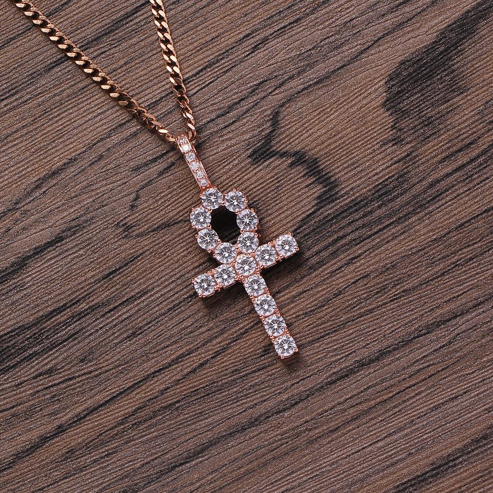Copper European American Hip Hop Zirconia Ankh Cross Men's Necklace