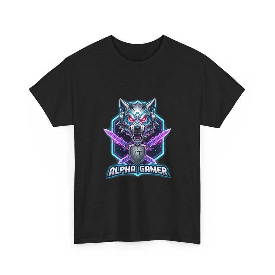 Alpha Gamer Wolf T-Shirt | Gaming Logo, Cyber Neon Badge, Wild Animal Gamer Gift M