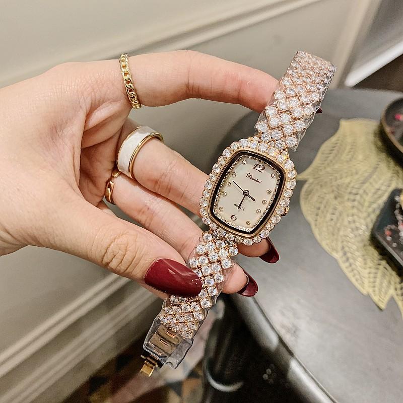 Square Zircon Silver Bracelet Fashionable Personalized Rhinestone Shell Watch Full Diamond Strap Women S Watch