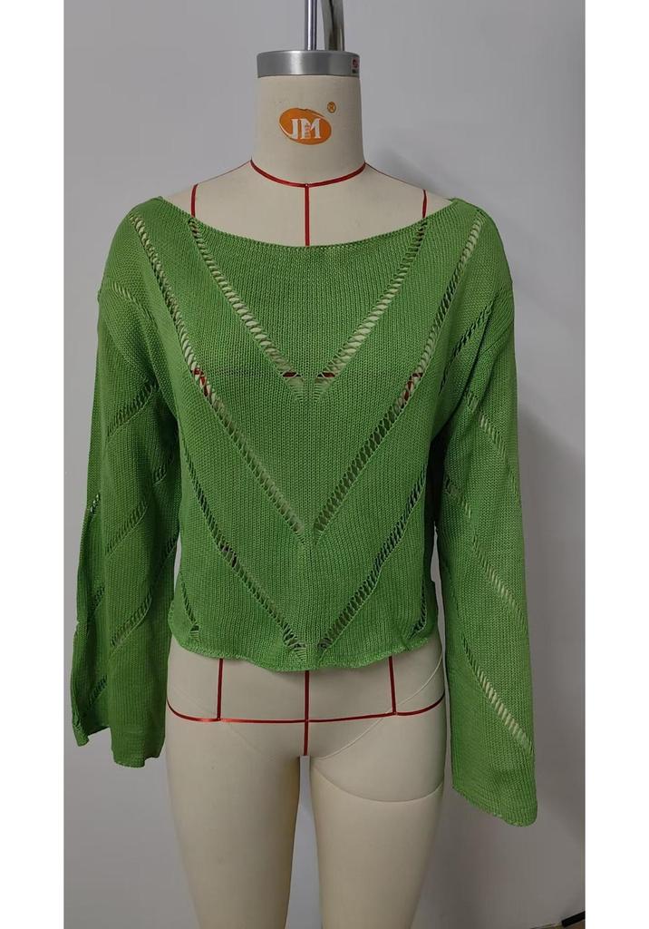 Women's Spring New Hollow-Out Loose Round Neck Long Sleeve Pullover Sweater