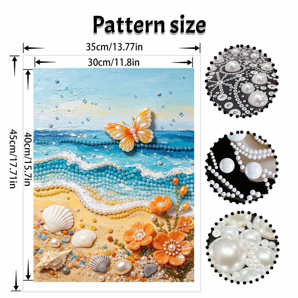 DIY Frameless Pearl Painting Kit Ocean Beach Butterfly and Flowers 3D Shiny Bead Art Canvas Relaxing Craft for Home Wall Decor Birthday Gift