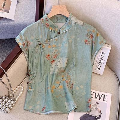 Sommer Chinesischer Stil Schräge Knopfleiste Cheongsam Oberteil mit Froschverschluss und Stehkragen - Baumwoll-Leinen-Mischung