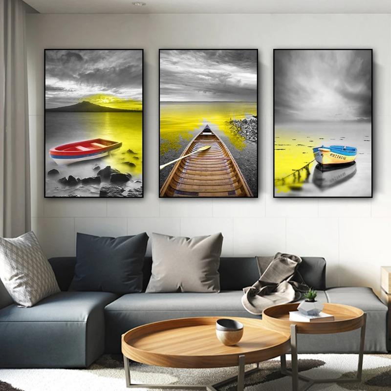 Oro Nordico Lago di Montagna Barca Poster Arte da Parete Stampa su Tela Pittura Paesaggio Naturale Scandinavo Arredamento Moderno per la Casa
