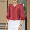 Women Casual V-Neck Puff 3/4 Sleeve Retro Print Blouse