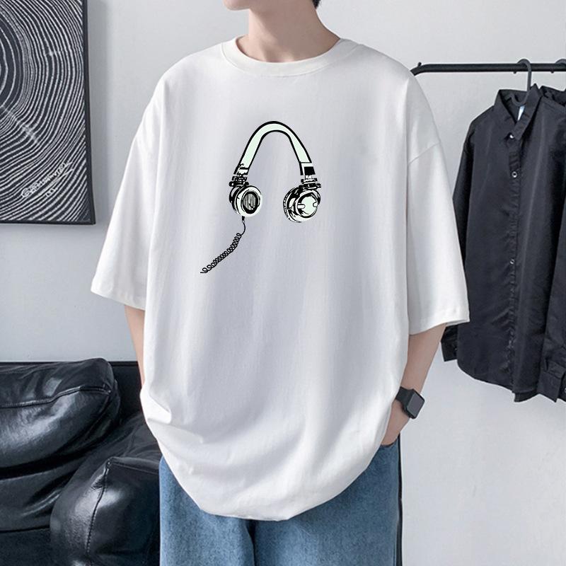 

Мужская футболка оверсайз с принтом наушников, со спущенным плечом, 100% хлопок, уличная футболка XXXL белый